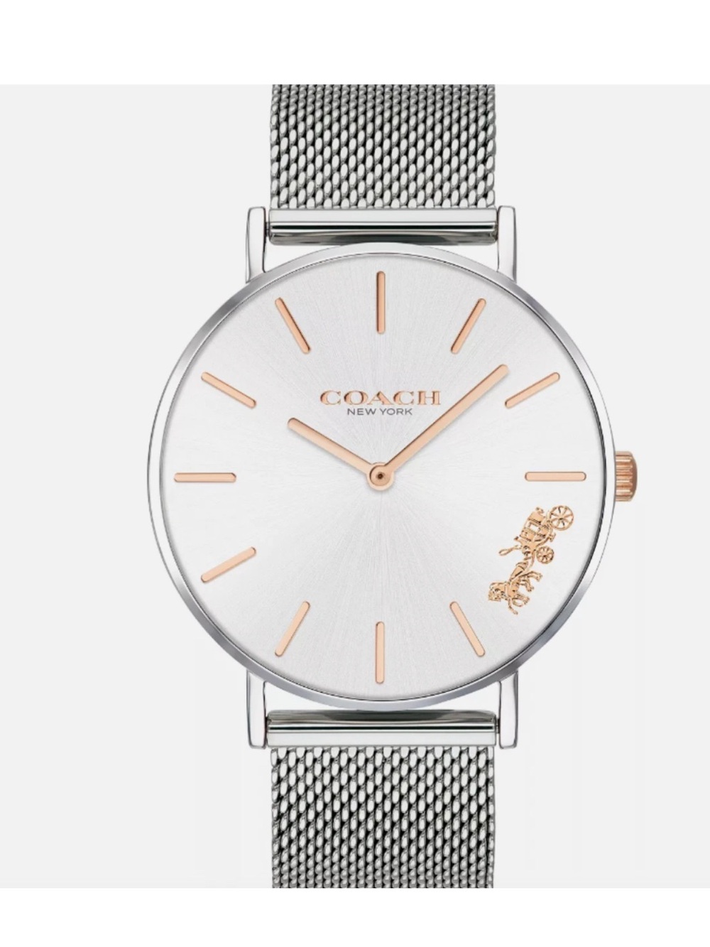 COACH New York Silver Mesh Bracelet Watch with Rose Gold Accents